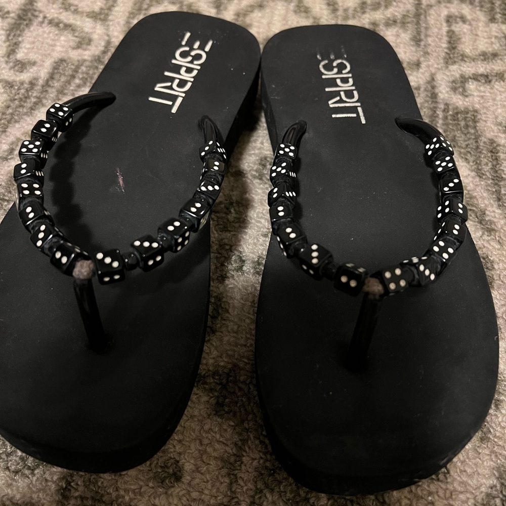 Esprit flip flops, black with cute dice design. Size small to medium